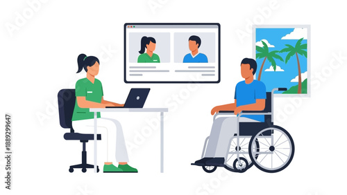 A woman sits at a desk with a laptop, interviewing a man in a wheelchair via video call, with a tropical background visible on the screen.