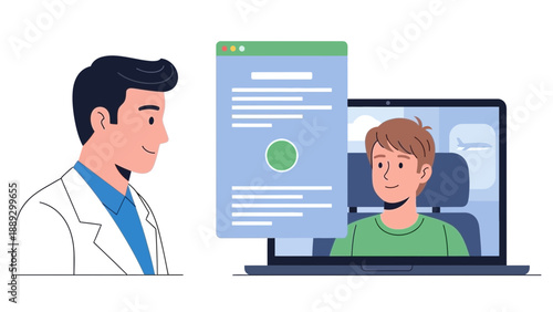 A doctor in a white lab coat consults a patient via a laptop screen displaying a video call interface with a green checkmark on a blue document