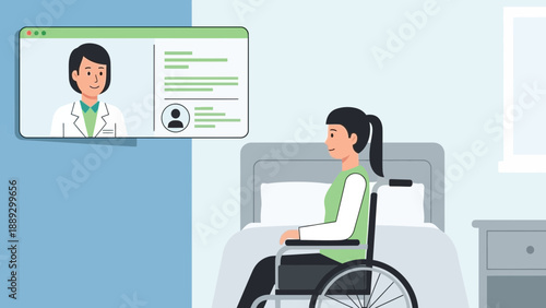 A female patient in a wheelchair is being treated by a doctor via video call in a hospital room from a side viewpoint