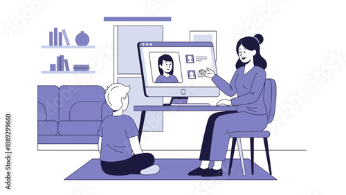A woman and child sitting in a living room with a computer displaying a video call with a person on the screen.