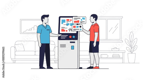 Two men are interacting with a vending machine in a modern living room setting with a sofa and decor, viewed from a straightforward angle.