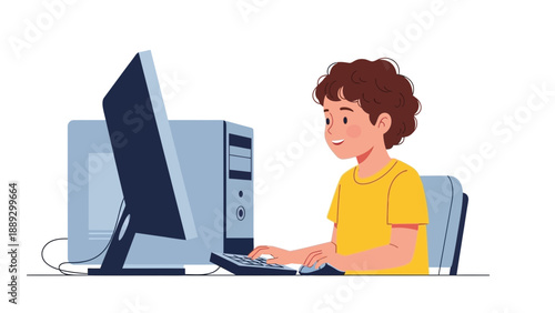 A young boy sits in front of a computer, intensely focused on the screen while typing on the keyboard in a modern workspace environment from a side viewpoint