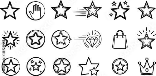 Collection of hand-drawn star icons, including glowing, outlined, and award styles, along with a shopping bag and a crown symbol for a versatile design element