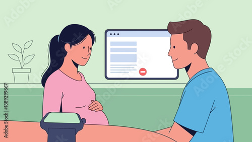 Couple sitting together at home viewing pregnancy ultrasound scan on a computer screen with a relaxed atmosphere