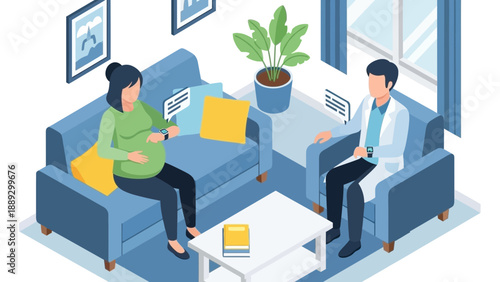 Expectant mother and doctor engaged in consultation on blue couch in modern living room with plants and natural light