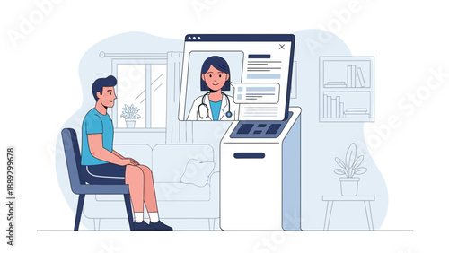 A patient sitting on a chair interacts with a virtual doctor on a computer screen in a clinical setting.