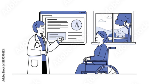 A doctor in a white coat explains a medical chart to a patient in a wheelchair, sitting by the window with a serene landscape outside.