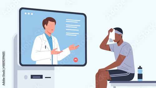 A doctor is consulting with a patient remotely through a digital screen interface in a clinical setting from a seated viewpoint.