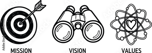 Strategic business planning concept with hand-drawn mission, vision, and values icons illustrating foundational organizational principles and future direction