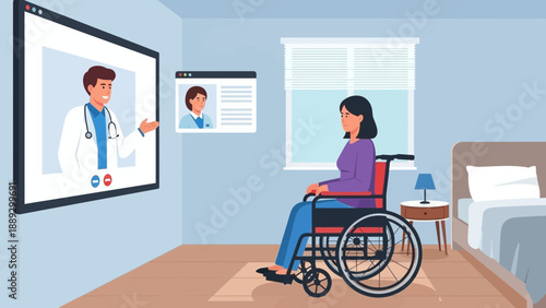 A woman in a wheelchair having a virtual consultation with a doctor in a hospital room with a large screen display