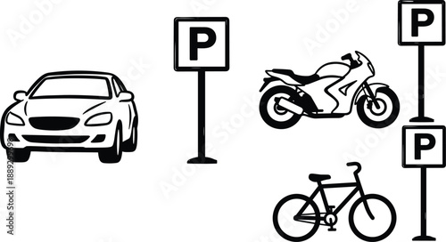 Various vehicles parked near parking signs in a public area viewed from the front