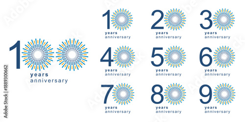 Collection of anniversary logo design. Celebration day special vector, firework sunlight symbol concept	
