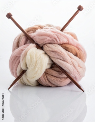 Pelotes de laine et aiguilles à tricoter isolées sur fond blanc. Generated Image.