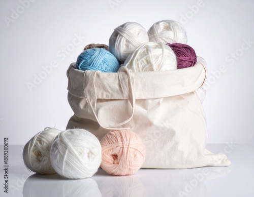 Pelotes de laine de différents coloris dans un sac en tissu. Isolé sur fond blanc. Generated Image. 