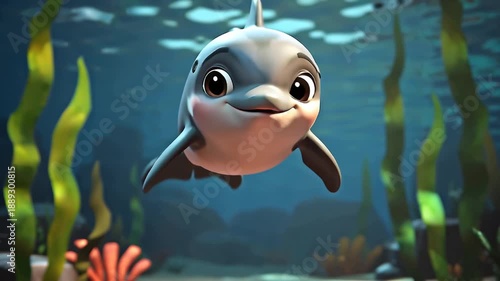 A charming cartoon dolphin swims underwater, 3D design animation