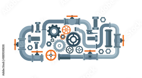 Intricate illustration of industrial machinery with gears, pipes and gauges.