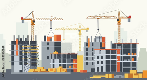 Construction site with cranes and partially built high-rise buildings under development in an urban cityscape.