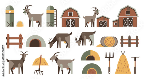 Grouped farm scenes featuring goats, barns, fences, and hay in a rustic rural setting.