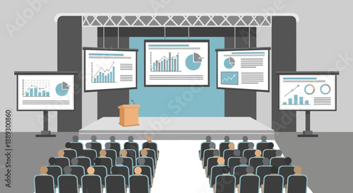 Professional conference presentation in a large auditorium with multiple screens and audience.
