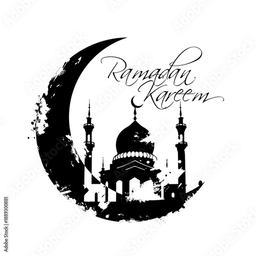 Ramadan monochrome symbol. moon and mosque. Hand drawn. Not AI, vector illustration.
