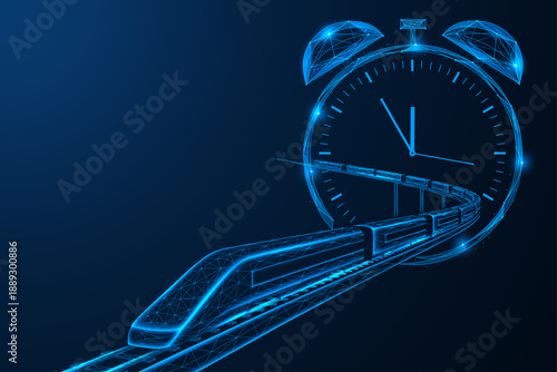 High-speed railway. A train moving along a curved track passes through the clock face. Low-poly design, made of interconnected elements, blue background.