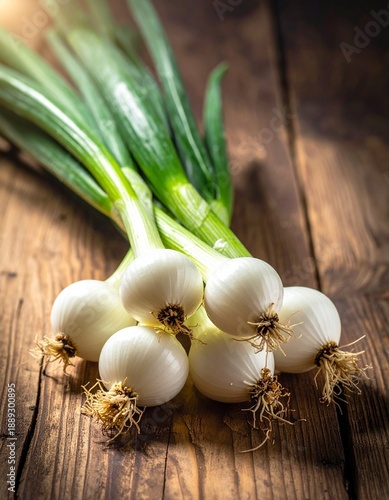 Botte de cébettes posée sur une table en bois rustique. Generated Image. 