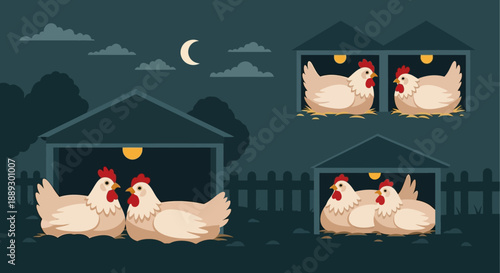 Group of chickens in wooden coops at night on a farm.