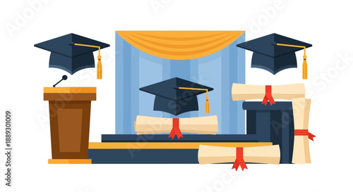 Graduation ceremony with students receiving diplomas on stage and academic regalia in a colorful auditorium setting.