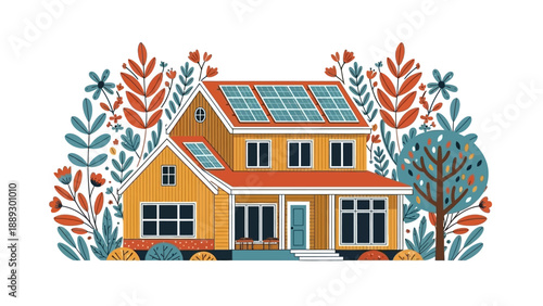 Colorful illustrated house with solar panels surrounded by trees.
