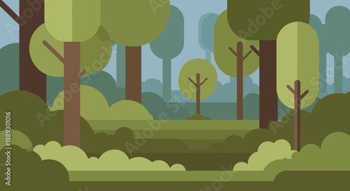 Colorful cartoon forest landscape with trees, hills, and a serene meadow under a bright sky.