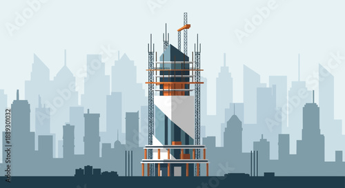 Under Construction Skyscraper Rising Amid a Modern City Skyline and Urban Landscape.