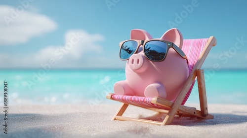 Piggy bank relaxing on beach chair with sunglasses by the sea.