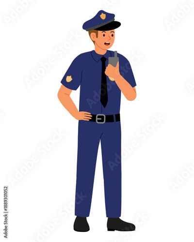 Police radio wave. White male police officer sends message on his walkie-talkie. Radio message about danger. Flat vector.