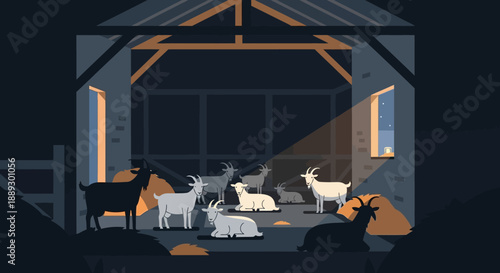 Calm farm at dusk with grazing animals resting inside a barn.