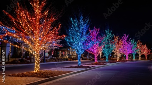 Vibrant multicolored led trees illuminating night street in winter wonderland.