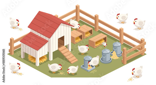Colorful poultry farmyard with coop, fences, and grazing animals.