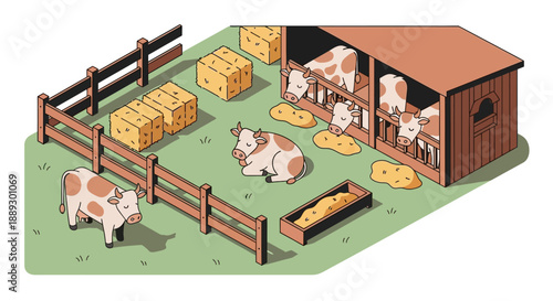 Pasture scene with cows, calves, and a barn on a sunny farm landscape.