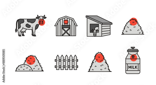 Dairy Farm Icon Set Featuring Cow, Barn, Milk and Related Farmstead Illustrations.