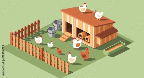 Cozy chicken coop scene with fenced yard, multiple chickens, feeding area and rural farm surroundings.