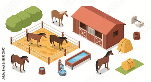 Pasture scene with horses, barn, fence, hay, and farm equipment on a sunny rural day.