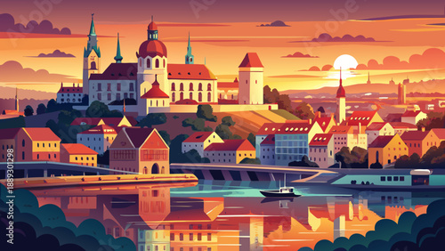 Very beautiful sunset cityscape of Bratislava, the capital of Slovakia, featuring historic architecture, river reflections, warm sky tones, and a peaceful European urban atmosphere.