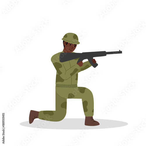 Shooting range. Shooting from knee. Soldier in camouflage shoots rifle at military exercises or in combat. Flat vector.