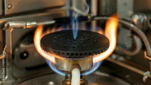Close up 4K footage of gas burner flame inside natural gas fired heating appliance showing realistic combustion household energy use flame textures industrial lifestyle stock 