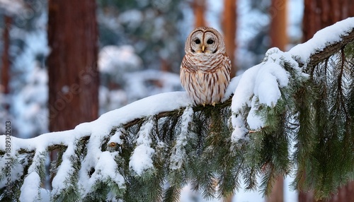 Beautiful Barred Owl Perched On Snowy Evergreen Branch In Winter Forest