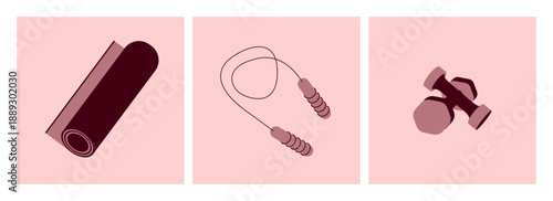 Set of poster designs for gym or store. Sports equipment, yoga mat, jump rope, dumbbells. Horizontal monochrome composition