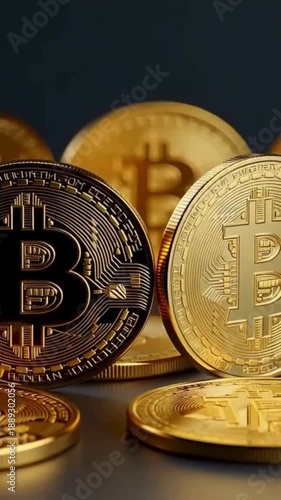 Rotating bitcoin coins with glowing reflections, digital cryptocurrency animation