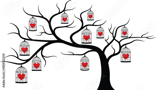 Bare tree with hanging birdcages holding red hearts, trapped love concept, emotional symbolism, surreal romance illustration