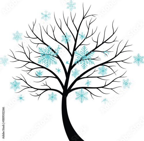Bare winter tree with falling snowflakes, black branches and icy blue snow, symbol of winter, cold season, nature and solitude