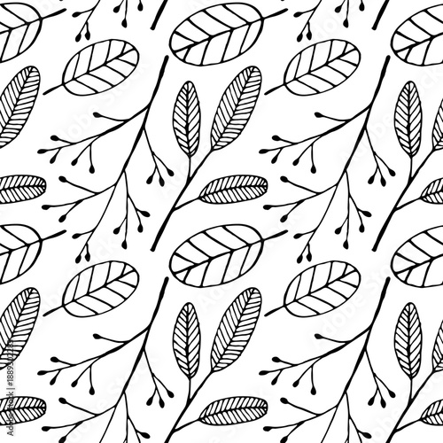 Black and white illustration showcases structure and texture of leaves. Repeated diagonal background for wallpaper, textile