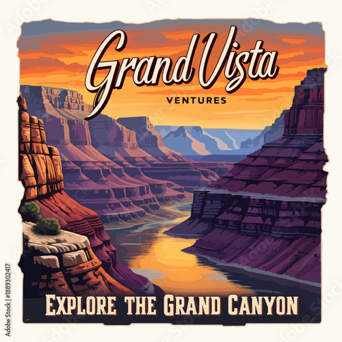 Grand Vista Ventures Explore the Grand Canyon poster with winding Colorado River and layered red rock cliffs, warm desert sunset vintage travel illustration